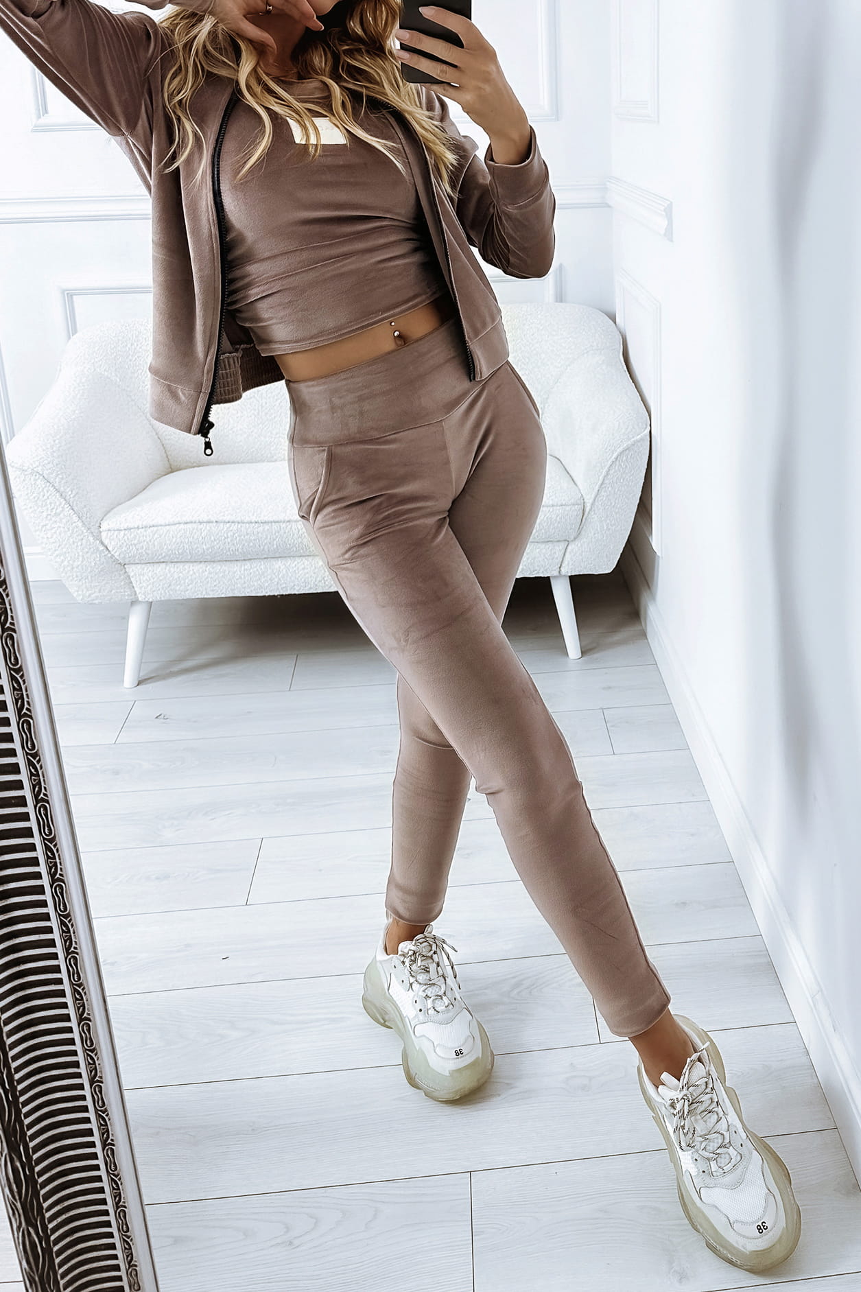 KOMPLET ALL IN ONE SPODNIE BLUZA I TOP MOCCA